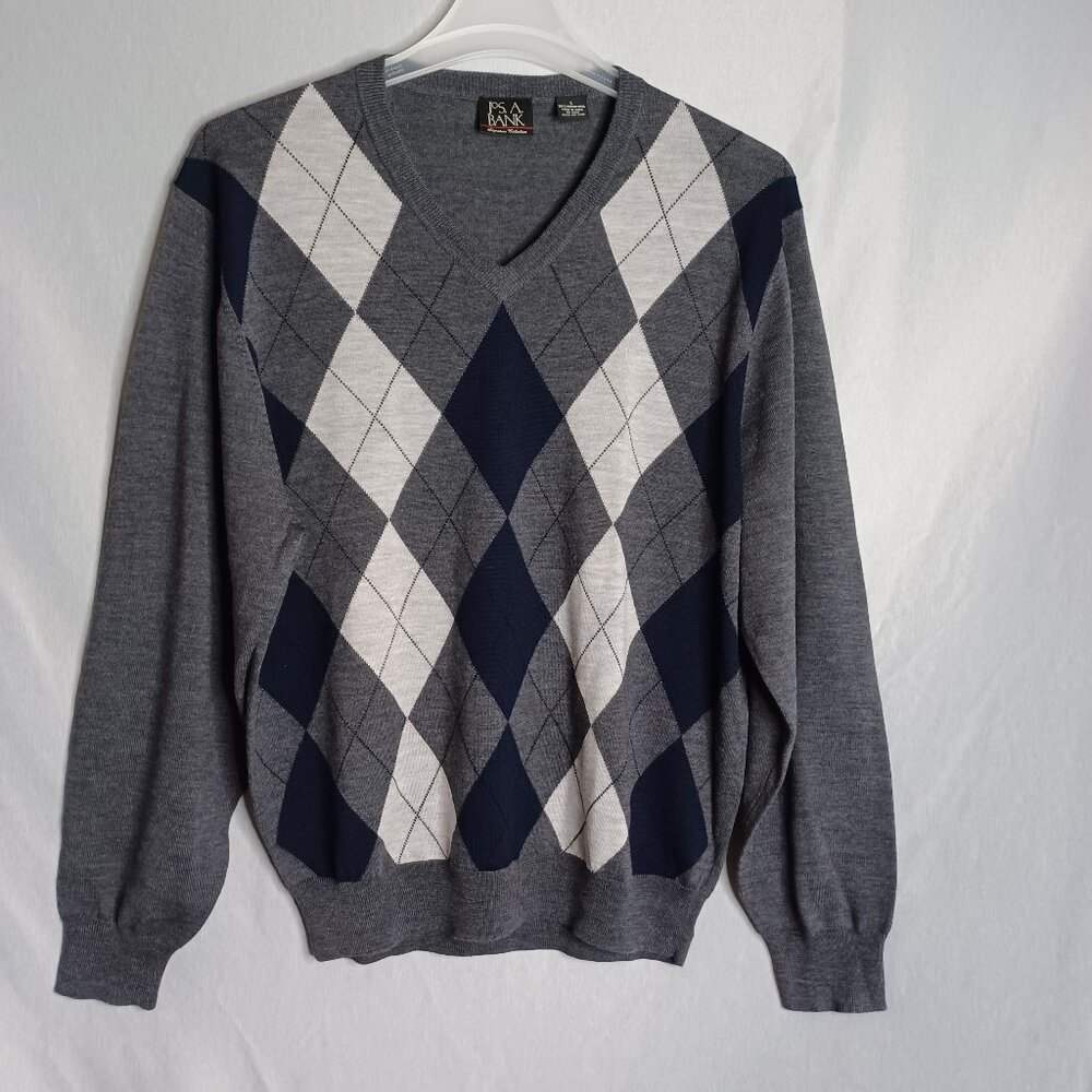 Jos. A. Bank Merino Wool Sweater Mens Large Gray Multicolor Retro Classic